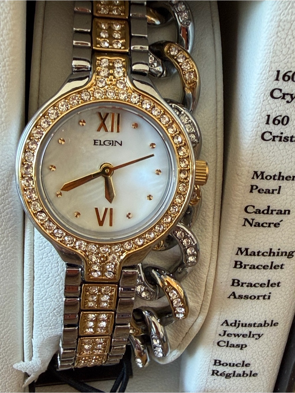 NEW! Elgin Crystal Watch Mother of Pearl Watch 23.5mm + Matching Bracelet NIB - Picture 2 of 7